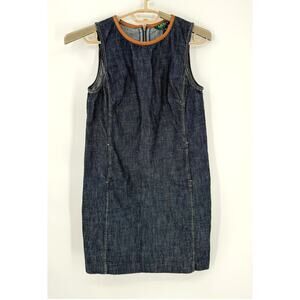 Ralph Lauren Dark Denim and Leather Shift Dress Pockets Size 2P